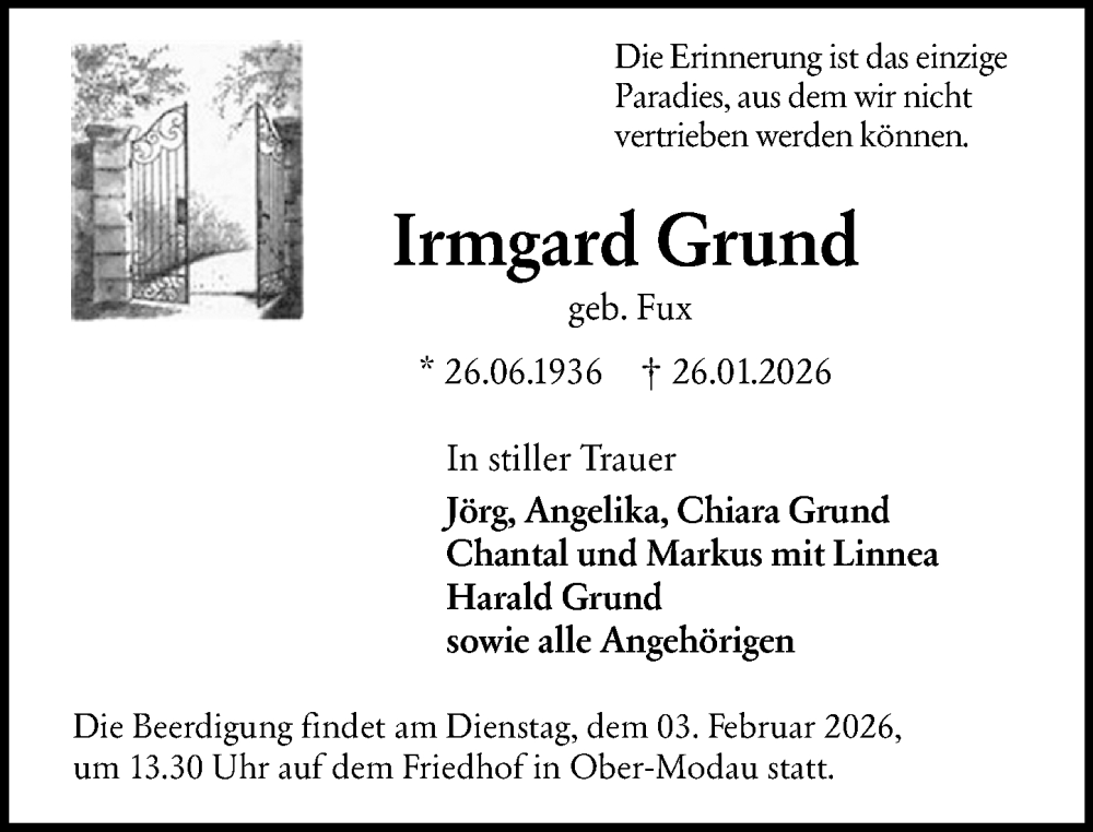  Traueranzeige für Irmgard Grund vom 31.01.2026 aus Darmstädter Echo