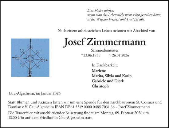 Traueranzeige von Josef Zimmermann von Allgemeine Zeitung Rheinhessen-Nahe