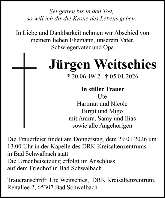 Traueranzeige von Jürgen Weitschies von Wiesbadener Kurier