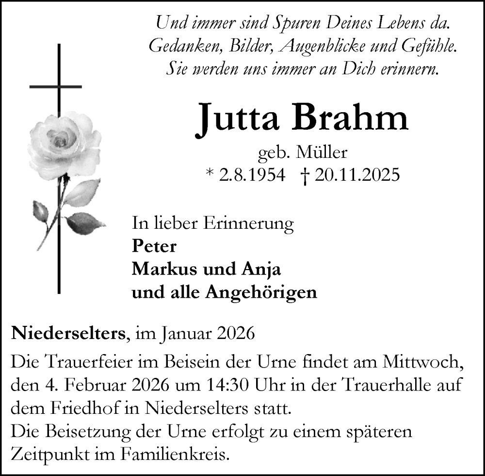  Traueranzeige für Jutta Brahm vom 29.01.2026 aus Camberger Anzeiger