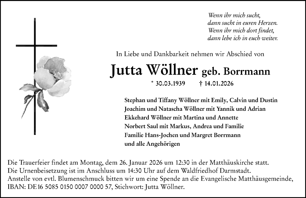  Traueranzeige für Jutta Wöllner vom 21.01.2026 aus Darmstädter Echo