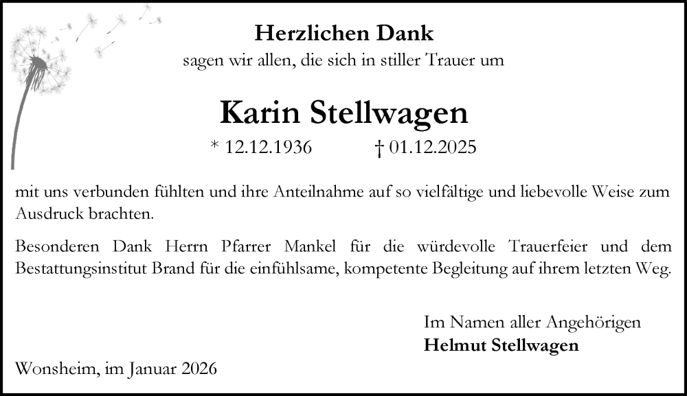  Traueranzeige für Karin Stellwagen vom 24.01.2026 aus Allgemeine Zeitung Alzey