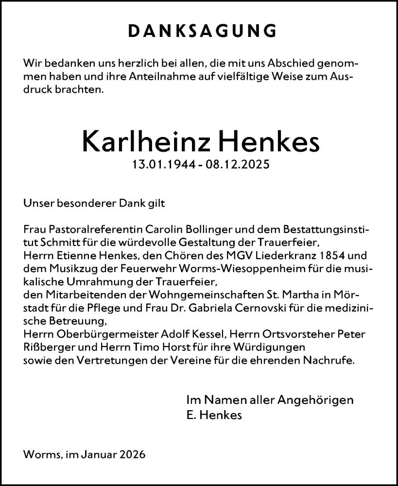  Traueranzeige für Karlheinz Henkes vom 31.01.2026 aus Wormser Zeitung