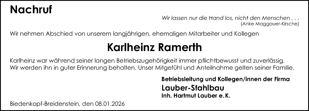  Traueranzeige für Karlheinz Ramerth vom 10.01.2026 aus Hinterländer Anzeiger