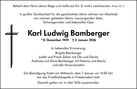 Traueranzeige von Karl Ludwig Bamberger von Hinterländer Anzeiger