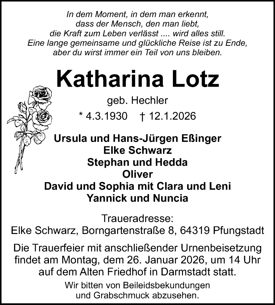  Traueranzeige für Katharina Lotz vom 24.01.2026 aus Darmstädter Echo