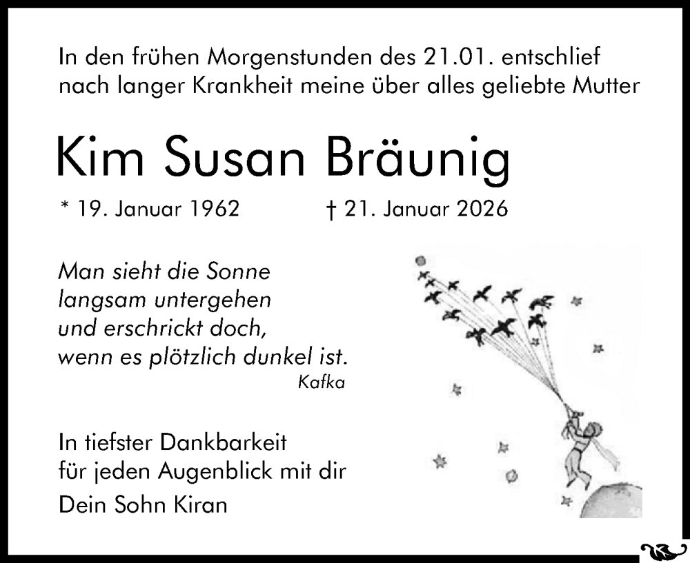 Traueranzeige für Kim Susan Bräunig vom 31.01.2026 aus Allgemeine Zeitung Mainz