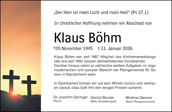 Traueranzeige von Klaus Böhm von Allgemeine Zeitung Mainz