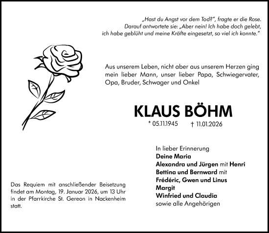 Traueranzeige von Klaus Böhm von Allgemeine Zeitung Mainz