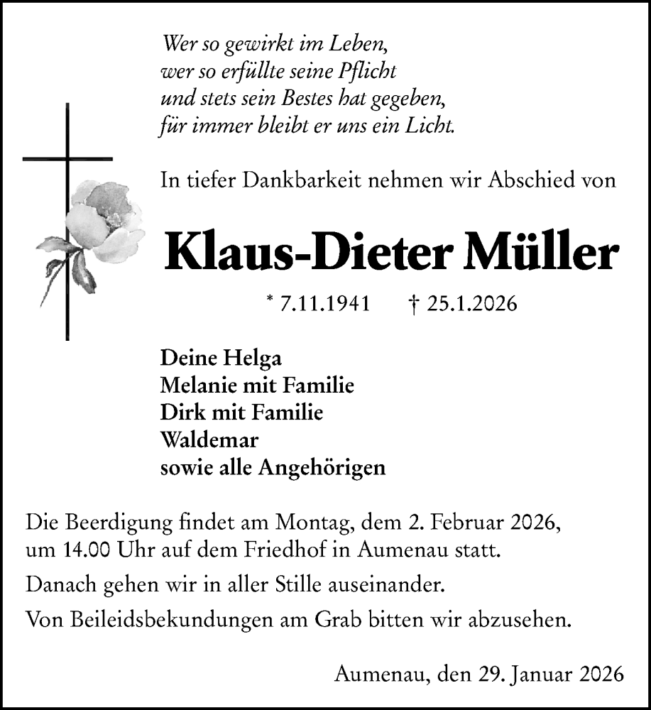  Traueranzeige für Klaus-Dieter Müller vom 29.01.2026 aus Weilburger Tageblatt
