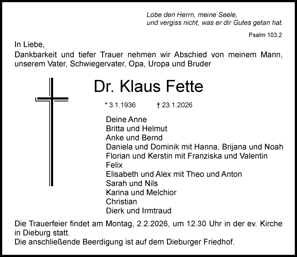 Traueranzeige für Klaus Fette vom 31.01.2026 aus Dieburger Anzeiger/Groß-Zimmerner Lokal-Anzeiger