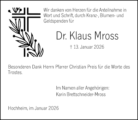 Traueranzeige von Klaus Mross von Hochheimer Zeitung