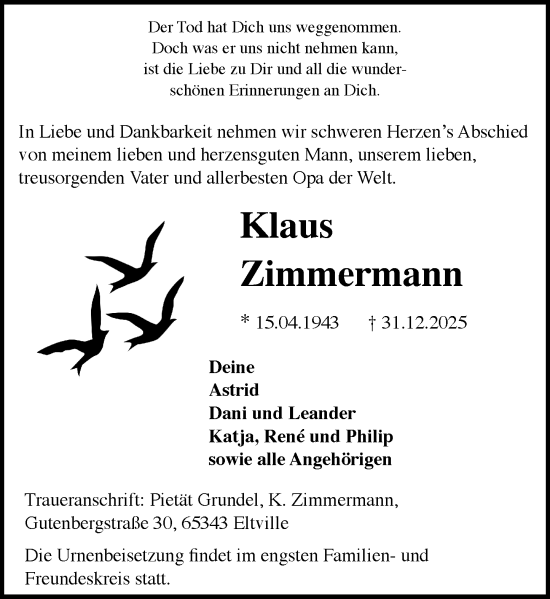 Traueranzeige von Klaus Zimmermann von Wiesbadener Kurier