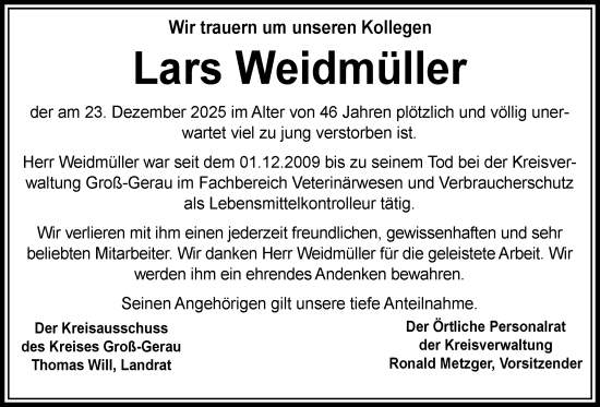 Traueranzeige von Lars Weidmüller von Groß-Gerauer Echo