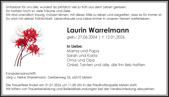Traueranzeige von Laurin Warrelmann von Idsteiner Land/Untertaunus