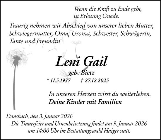 Traueranzeige von Leni Gail von Dill Block