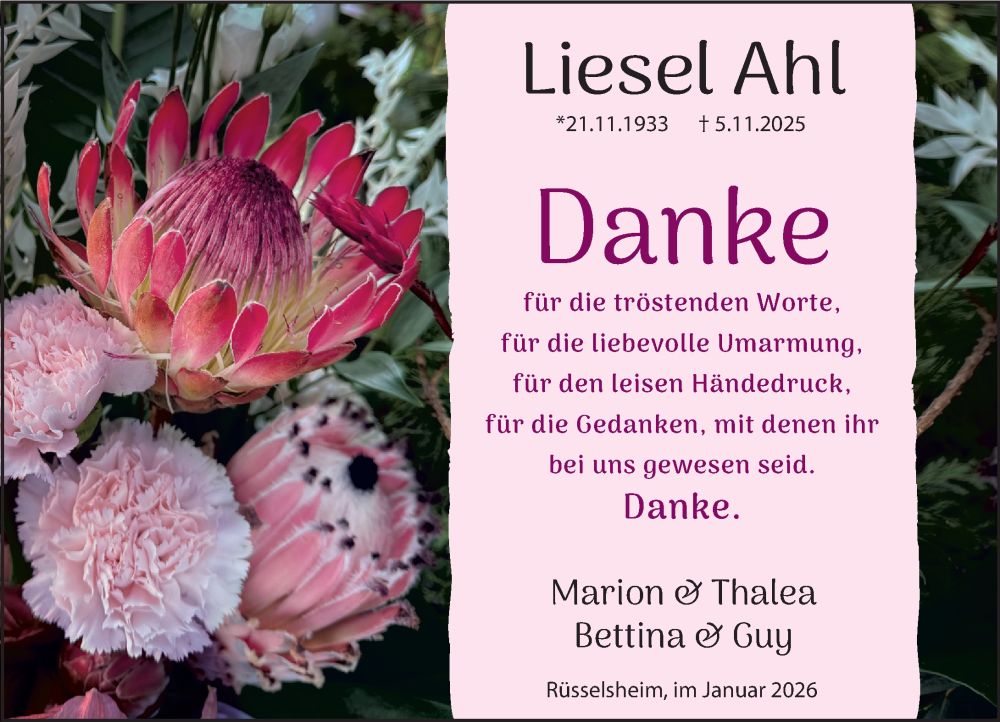  Traueranzeige für Liesel Ahl vom 10.01.2026 aus Rüsselsheimer Echo