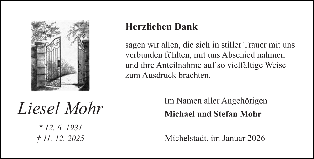  Traueranzeige für Liesel Mohr vom 10.01.2026 aus Odenwälder Echo
