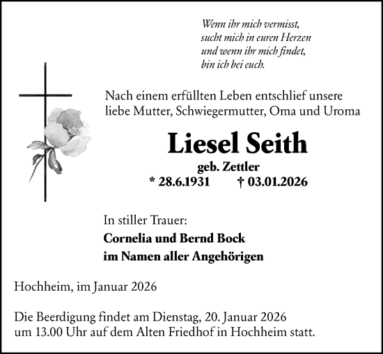 Traueranzeige von Liesel Seith von Rheingau Kurier
