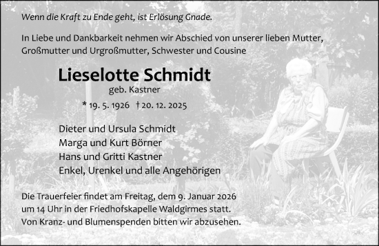 Traueranzeige von Lieselotte Schmidt von Wetzlarer Neue Zeitung