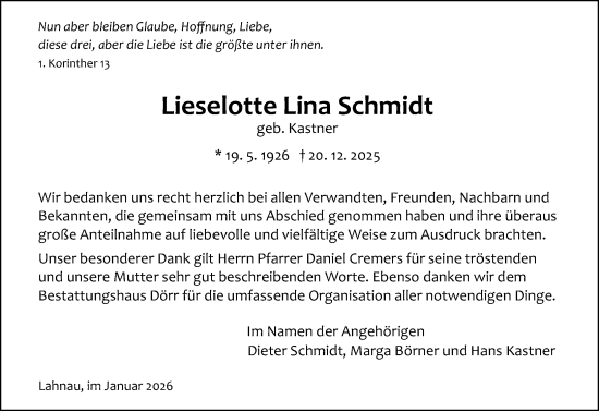 Traueranzeige von Lieselotte Lina Schmidt von Wetzlarer Neue Zeitung