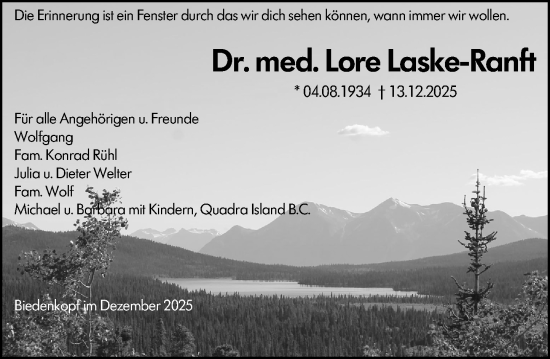 Traueranzeige von Lore Laske-Ranft von Hinterländer Anzeiger