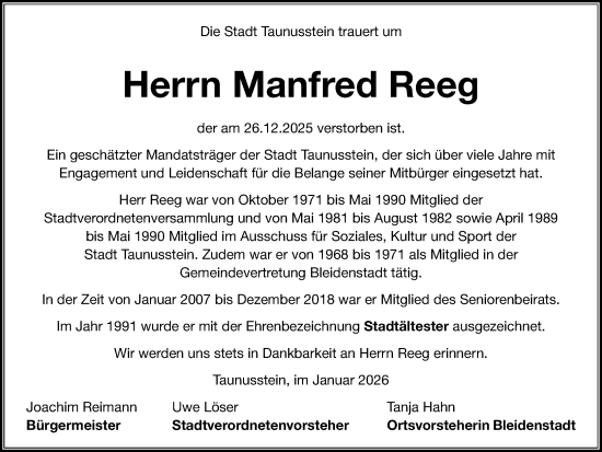Traueranzeige von Manfred Reeg von Idsteiner Land/Untertaunus