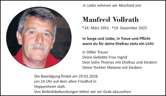Traueranzeige von Manfred Vollrath von Starkenburger Echo