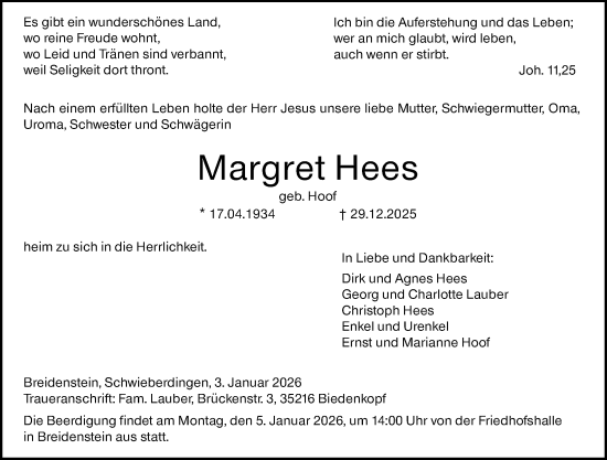 Traueranzeige von Margret Hees von Hinterländer Anzeiger