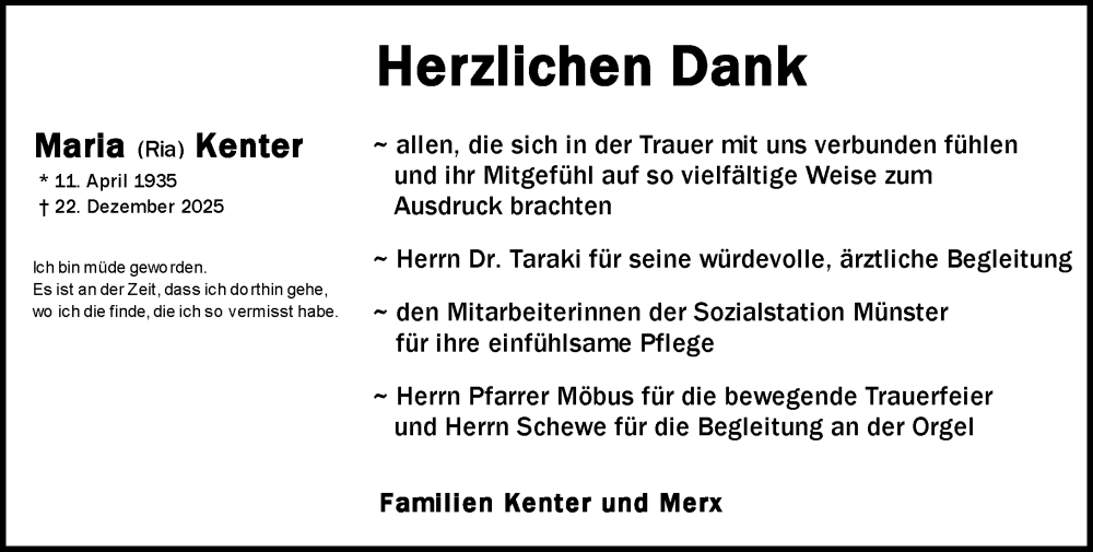  Traueranzeige für Maria Kenter vom 22.01.2026 aus Darmstädter Echo