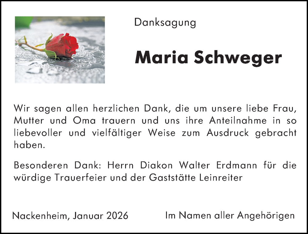  Traueranzeige für Maria Schweger vom 24.01.2026 aus Allgemeine Zeitung Mainz