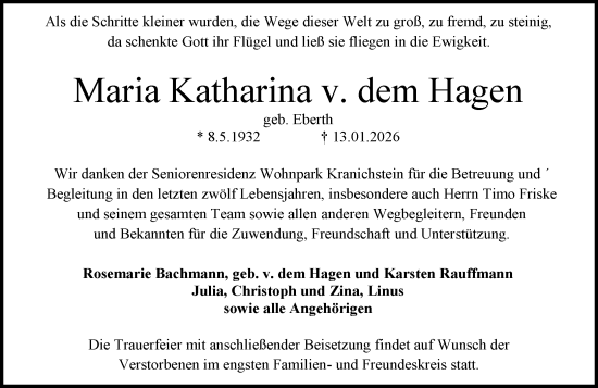 Traueranzeige von Maria Katharina v. dem Hagen von Darmstädter Echo