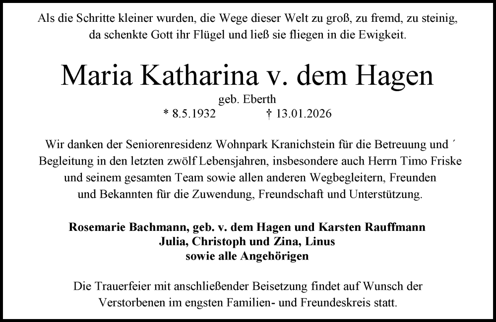  Traueranzeige für Maria Katharina v. dem Hagen vom 24.01.2026 aus Darmstädter Echo