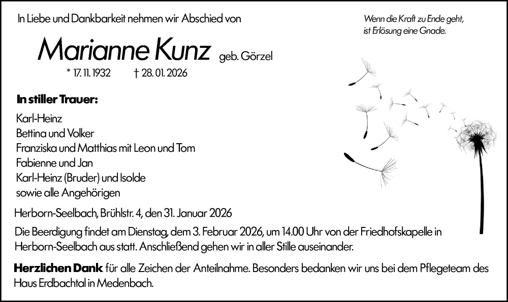  Traueranzeige für Marianne Kunz vom 31.01.2026 aus Dill Block