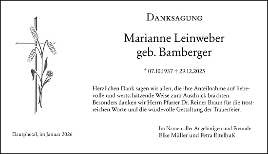 Traueranzeige von Marianne Leinweber von Hinterländer Anzeiger