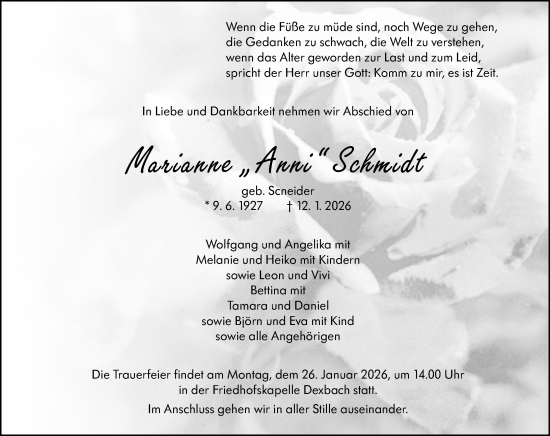 Traueranzeige von Marianne Schmidt von Hinterländer Anzeiger