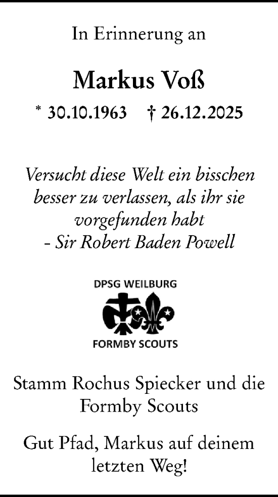 Traueranzeige von Markus Voß von Weilburger Tageblatt