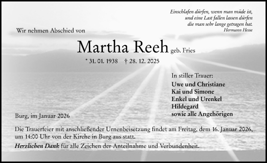 Traueranzeige von Martha Reeh von Dill Block