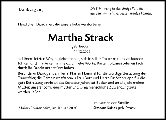 Traueranzeige von Martha Strack von Allgemeine Zeitung Mainz