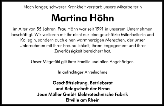 Traueranzeige von Martina Höhn von Rheingau Kurier