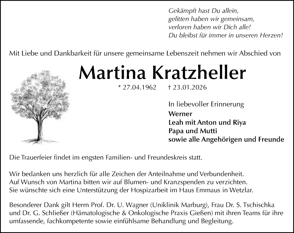  Traueranzeige für Martina Kratzheller vom 31.01.2026 aus Wetzlarer Neue Zeitung