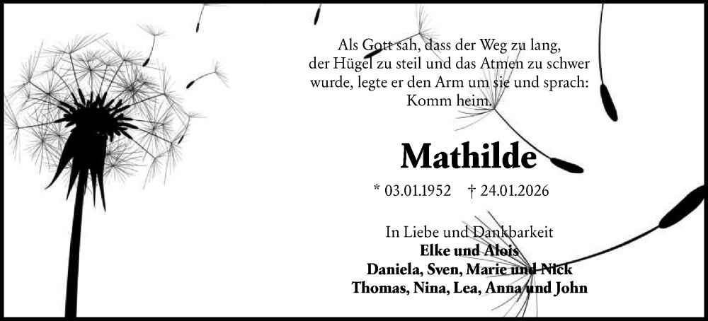  Traueranzeige für Mathilde Zeller vom 29.01.2026 aus Groß-Gerauer Echo