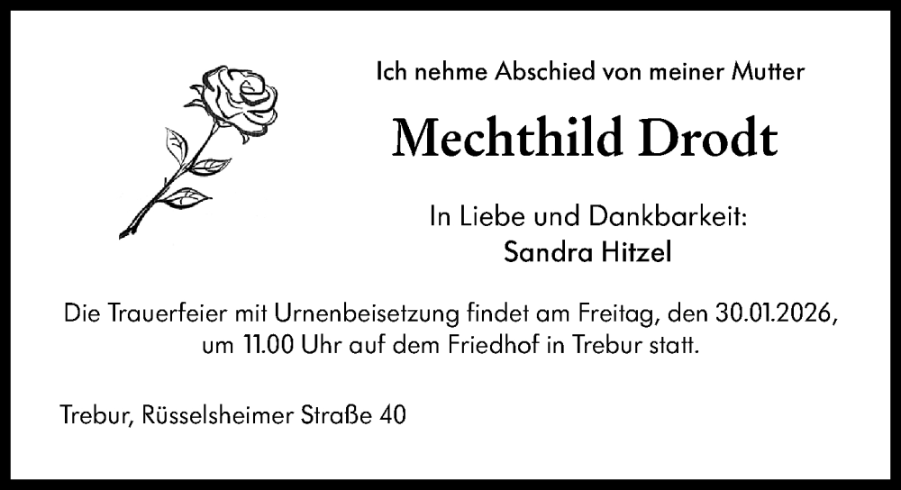  Traueranzeige für Mechthild Drodt vom 24.01.2026 aus Rüsselsheimer Echo