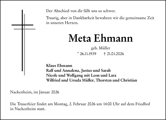 Traueranzeige von Meta Ehmann von Allgemeine Zeitung Mainz
