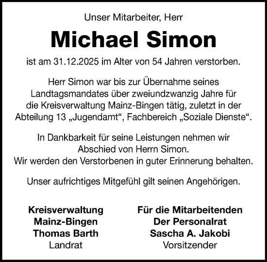 Traueranzeige von Michael Simon von Allgemeine Zeitung Rheinhessen-Nahe