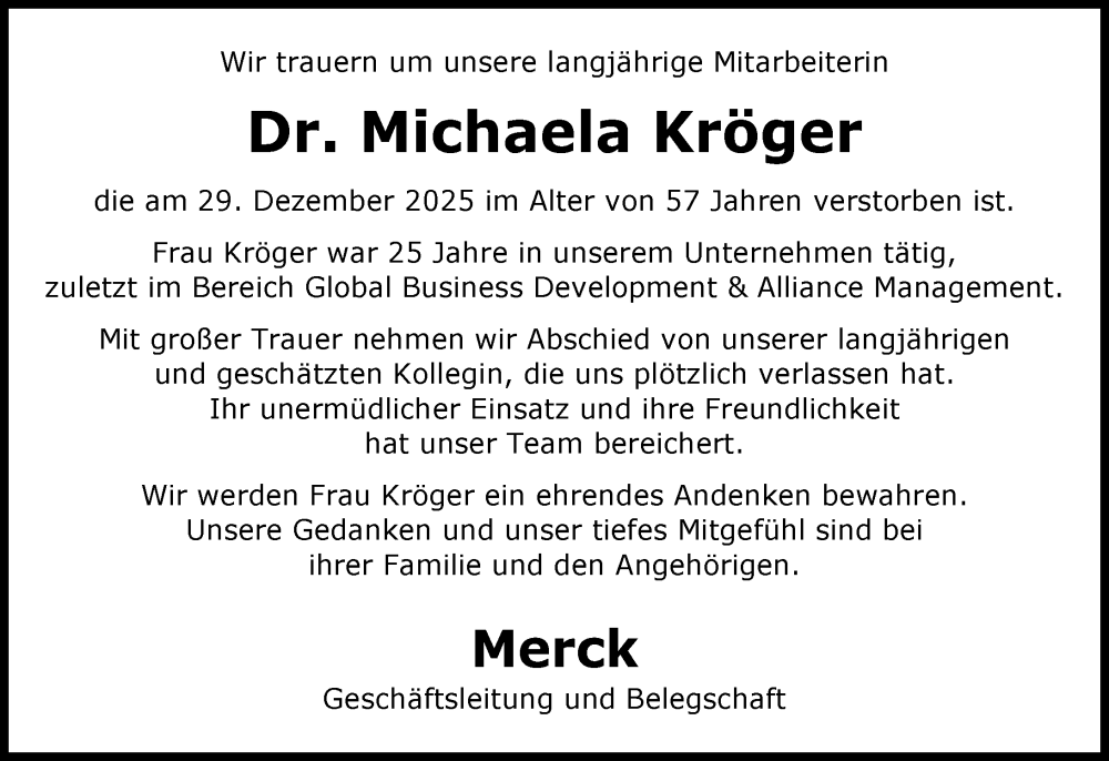  Traueranzeige für Michaela Kröger vom 24.01.2026 aus Darmstädter Echo