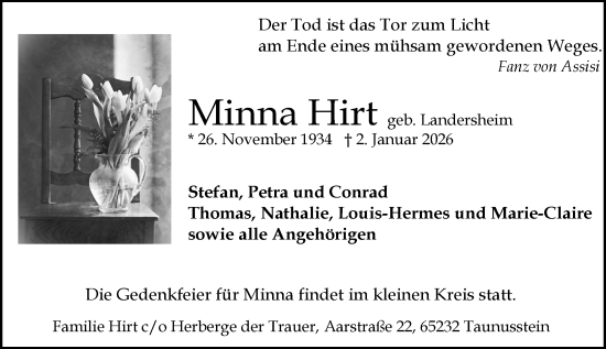 Traueranzeige von Minna Hirt von Wiesbadener Kurier