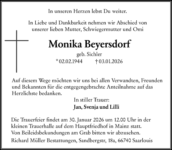Traueranzeige von Monika Beyersdorf von Allgemeine Zeitung Mainz