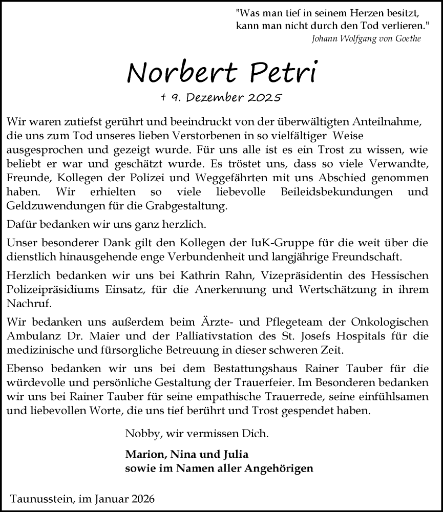  Traueranzeige für Norbert Petri vom 10.01.2026 aus Wiesbadener Kurier