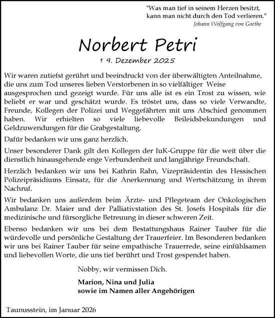 Traueranzeige von Norbert Petri von Wiesbadener Kurier